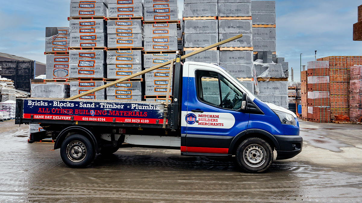 Mitcham builders merchants truck with block in the background